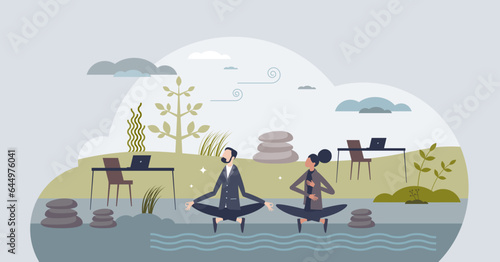 Mental health and workplace wellbeing with green office tiny person concept. Employee harmony with comfortable environment and interior with much daylight for work productivity vector illustration.