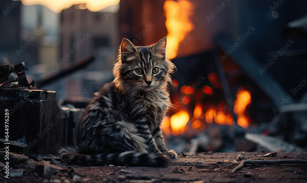 Solitary ?at standing against a backdrop of ruins and destruction. Created AI tools Solitary ?at standing against a backdrop of ruins and destruction. Created AI tools