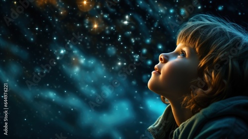 Little boy gazing through at the night sky.