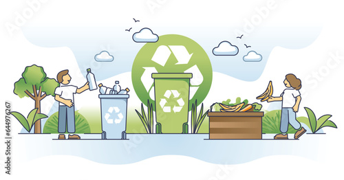 Waste management as trash separation for material recycling outline concept. Plastic bottles and biodegradable food compost container as environmental and nature friendly disposal vector illustration