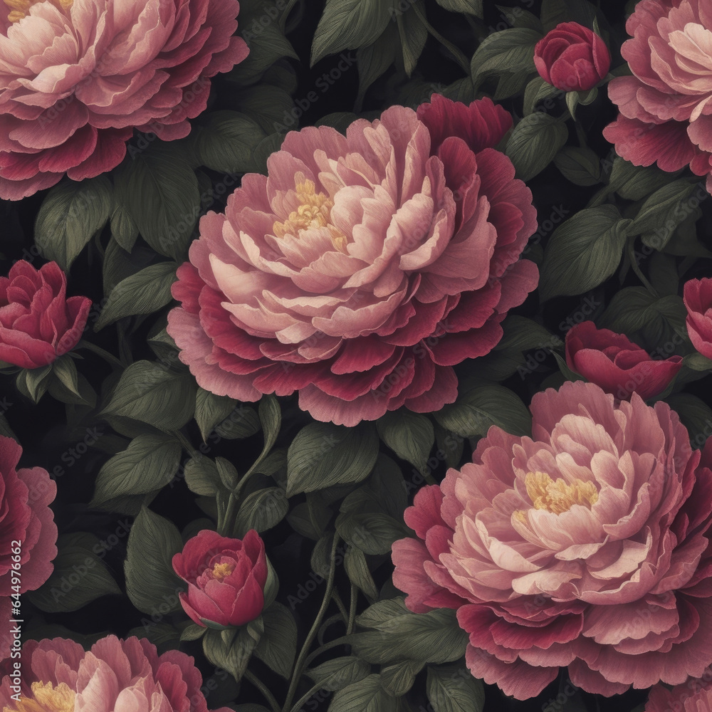 Beautiful peony flowers seamless pattern, elegant wallpaper. Generative AI
