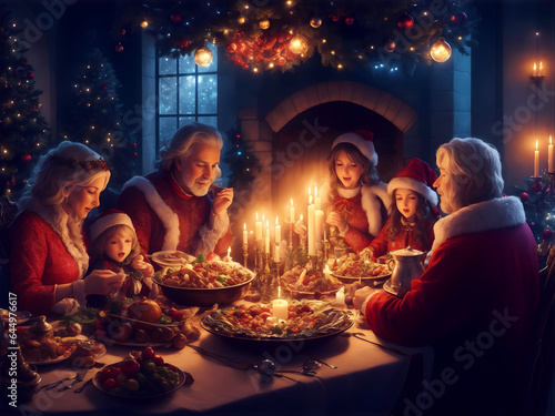 Family having christmas dinner, feast at home in decorated living room.