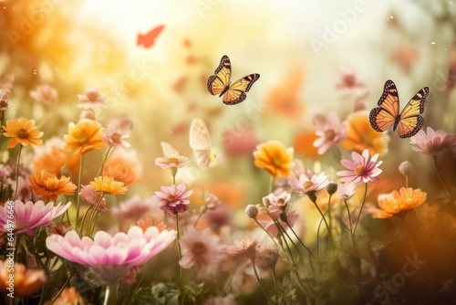 Springtime scene bursting with colorful flowers and delicate butterflies. Generative AI