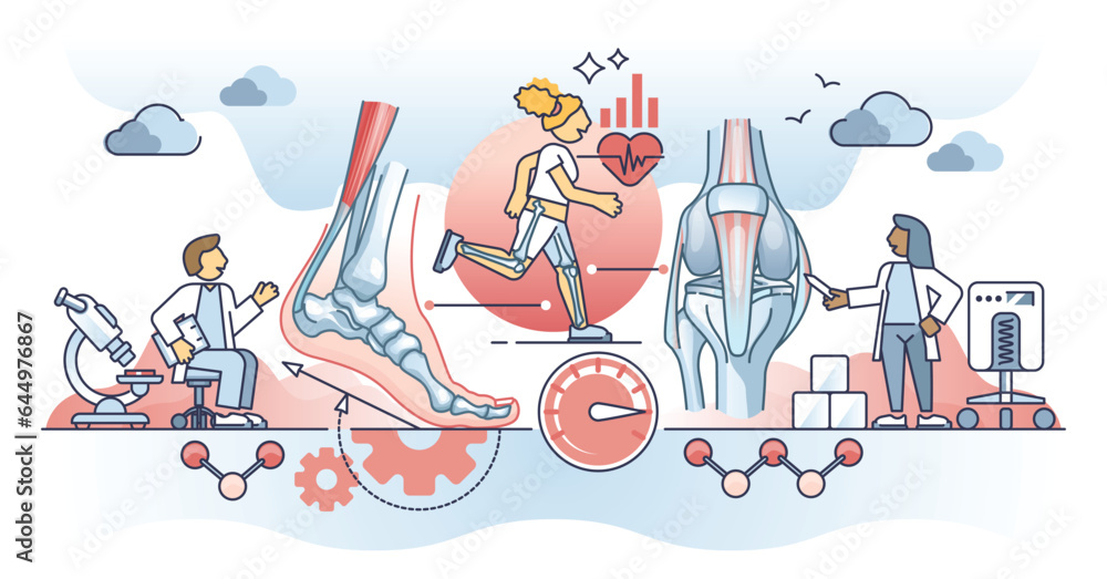 Kinesiology as science about body movement and physiology outline concept. Treatment and orthopedic rehabilitation with medical muscular and skeletal system diagnostic research vector illustration. - obrazy, fototapety, plakaty 