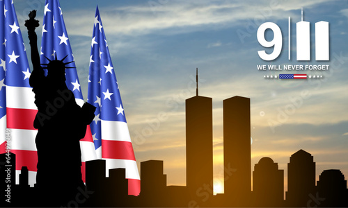 New York City Skyline with Twin Towers. World Trade Center. 09.11.2001 American Patriot Day banner. EPS10 vector