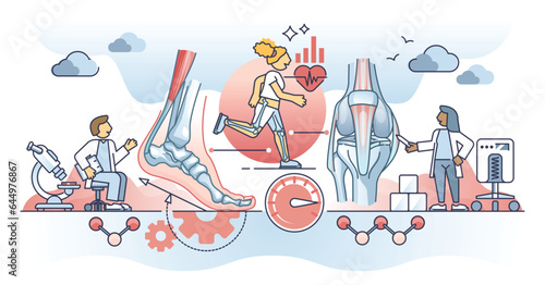 Kinesiology as science about body movement and physiology outline concept. Treatment and orthopedic rehabilitation with medical muscular and skeletal system diagnostic research vector illustration.