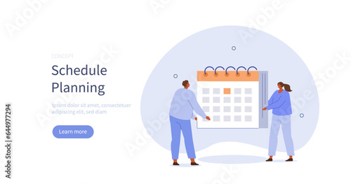 Time management. Characters organizing schedule and planning calendar appointments. Organization concept. Vector illustration.