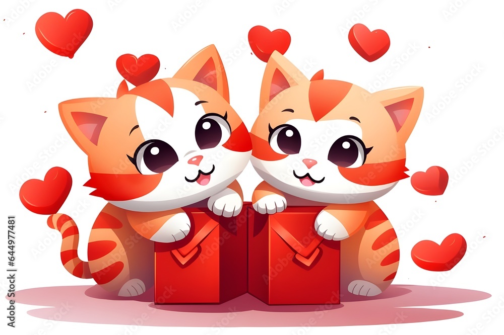Fototapeta premium Two happy illustrated ginger and white kittens holding a present each on a white background with love hearts