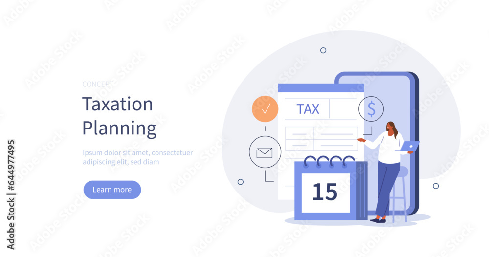 Taxes. Character using tax calendar to filling tax declaration form online on smartphone. Taxation planning concept. Vector illustration. Taxes. Character using tax calendar to filling tax declaration form online on smartphone. Taxation planning concept. Vector illustration.