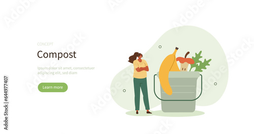 Waste organization. Character using organic bio waste bin to composting biodegradable garbage. Home composting concept. Vector illustration.