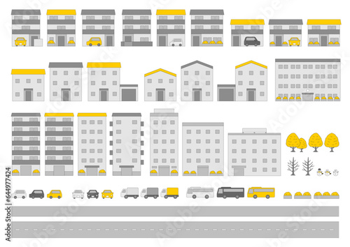 建物や街路樹や車のイラストのセット_1_主線あり
