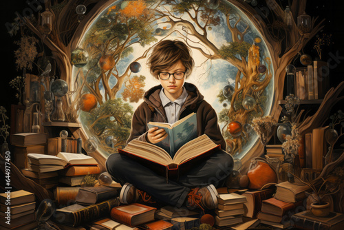 Teenage boy in glasses sitting in library and reading books. Learning studying concept