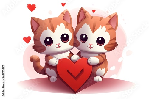 Two cute brown kittens holding a heart in block art style on a white background with love hearts