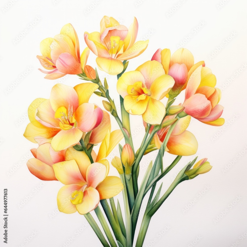 Yellow watercolour freesia summer flower image on white background. Floral blossom concept Yellow watercolour freesia summer flower image on white background. Floral blossom concept