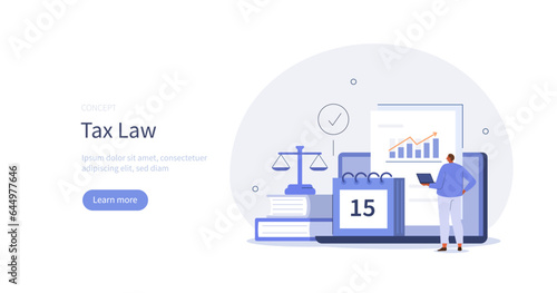 
Taxes. Character lawyer filling tax declaration form. Tax law authority concept. Vector illustration.
