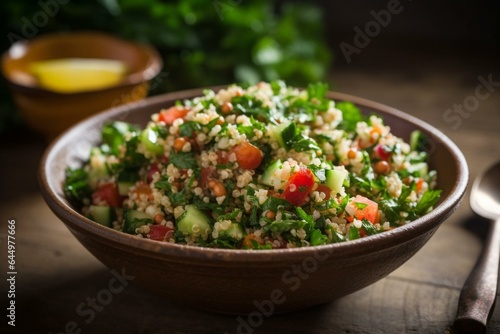 Vibrant Levantine salad featuring bulgur, quinoa, tomato, cucumber, parsley, and lemon juice. Closeup of flavorsome tabbouleh with bulgur. Generative AI