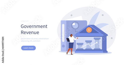 Financial planning. Character working with public finance and calculating government revenue. Tax law concept. Vector illustration.
