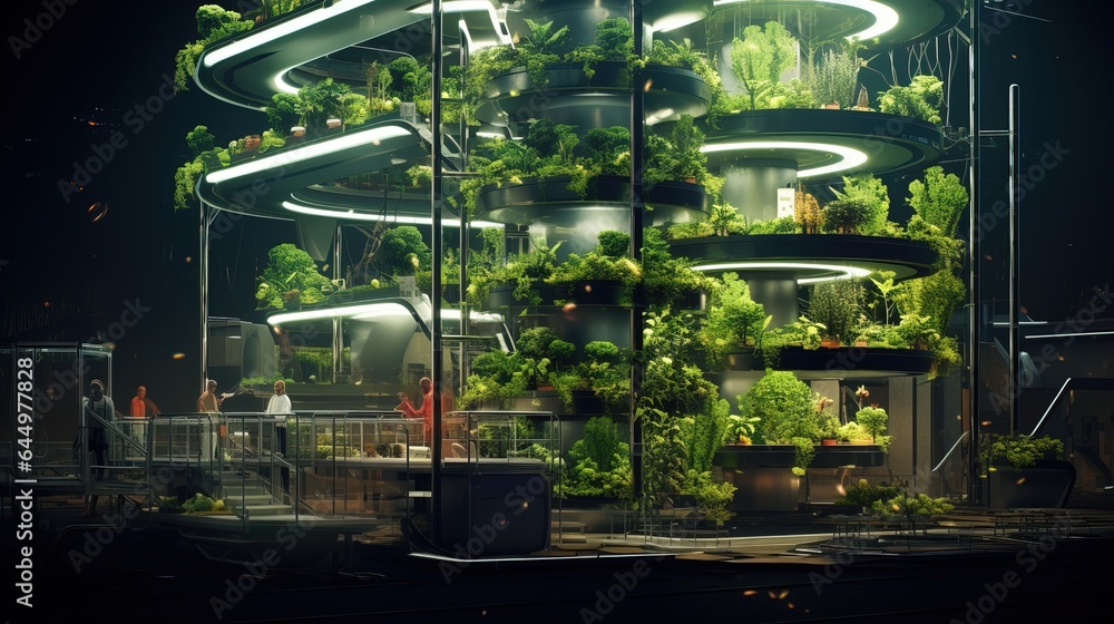 Innovative vertical farm with LED grow lights, showcasing sustainable agriculture and urban farming revolution. Advanced hydroponics and automated systems ensure energy efficiency.