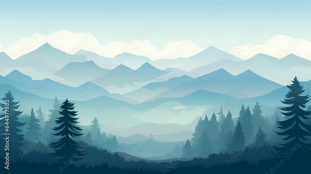 Majestic Landscape. Tranquil Mountain Range in a Foggy Forest Banner.