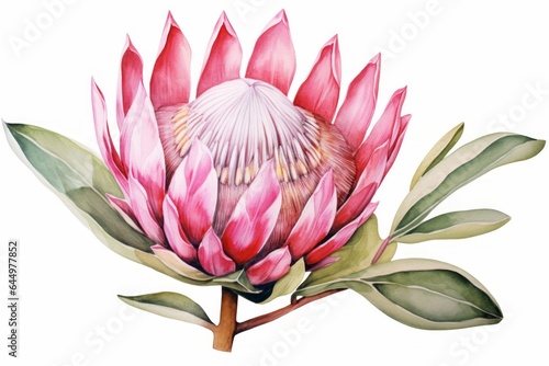 Pink watercolour protea xmas flower illustration on white background. Floral blossom holiday concept