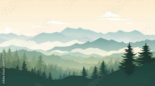 Majestic Landscape Illustration Banner for Wallpaper. Tranquil Mountain Range in a Foggy Forest. 