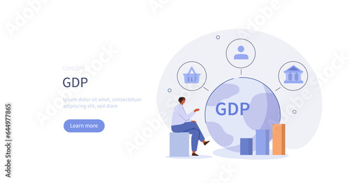 Gross domestic product. Character analyzing GDP statistics by a country and measure its economic stability. Financial concept. Vector illustration.