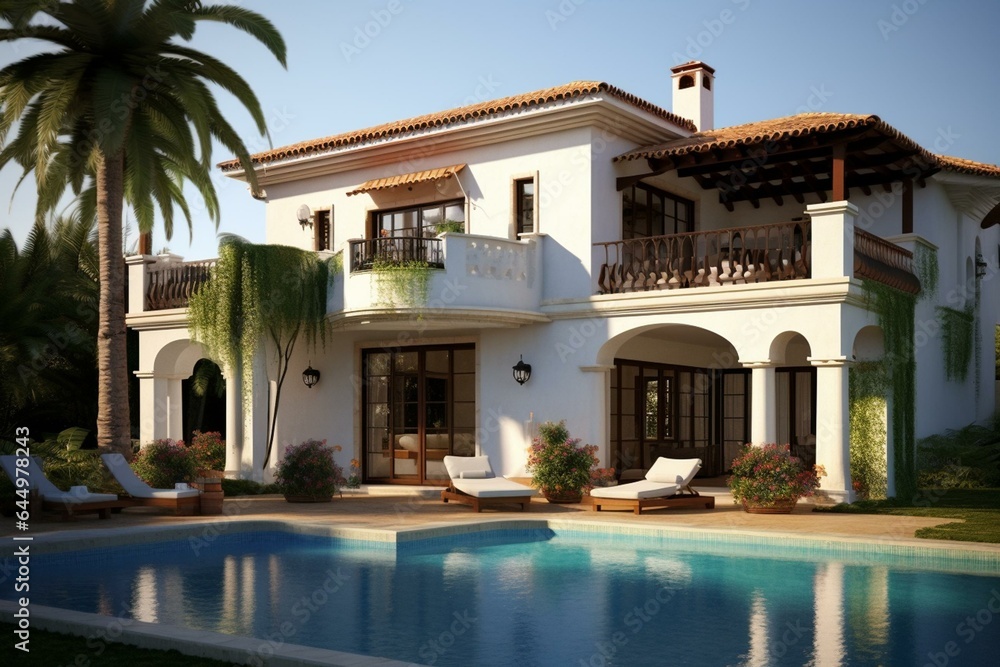 A beautiful villa with a distinct Mediterranean architectural style. Generative AI