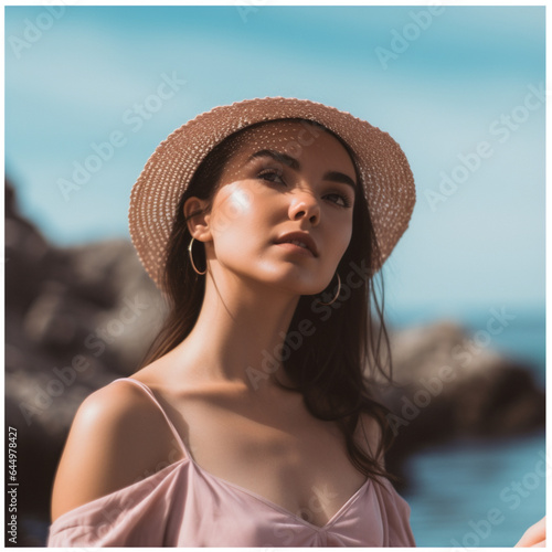 "Graceful model poses on sunny beach, epitomizing seaside beauty and allure