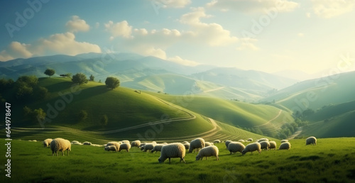 Flock of sheep grazing in the green meadow.