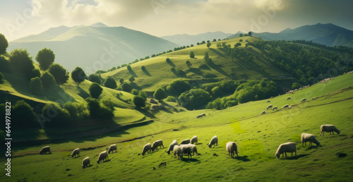Flock of sheep on a green meadow in the mountains.