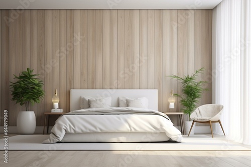 A modern white bedroom with a wooden wall, plants, and parquet flooring, perfect for a countryside theme. Generative AI