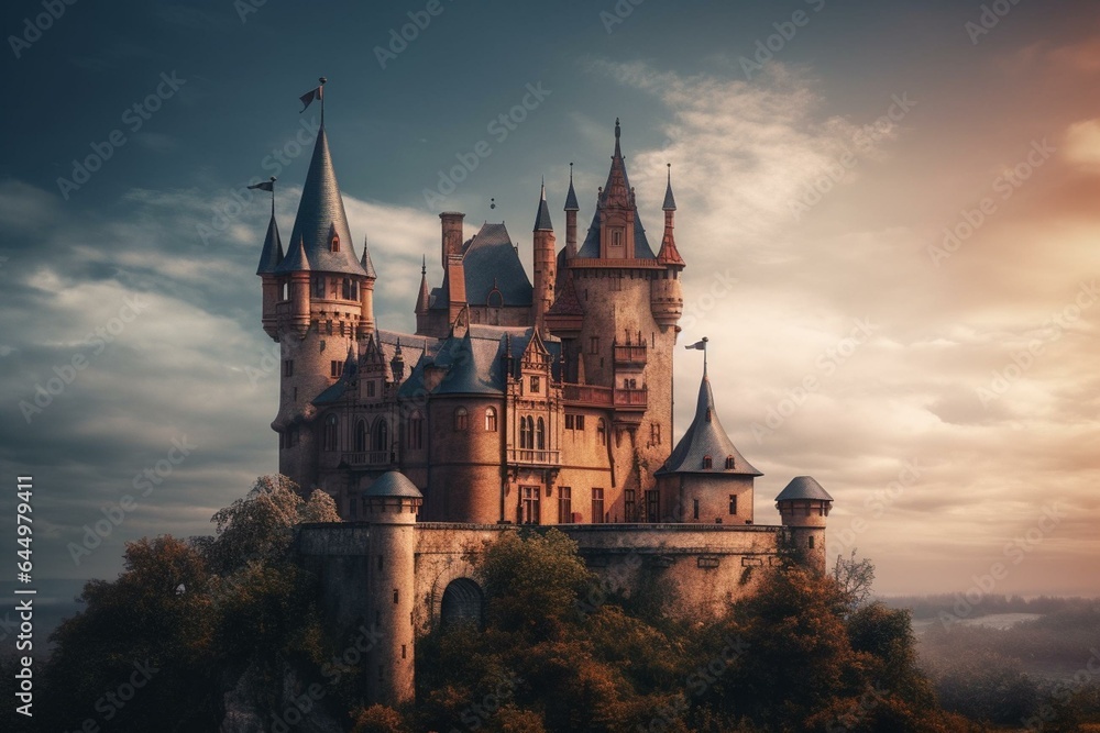 Castle high above sky with fairy tale vibes. Generative AI