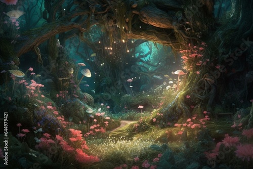 Enchanting forest adorned with magical trees  a butterfly  and a fungus  amidst a charming bed of pink roses and moonlit shimmer  a fantastical scene. Generative AI