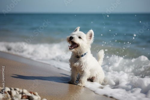 a joyful small dog enjoying a day by the sea. Generative AI