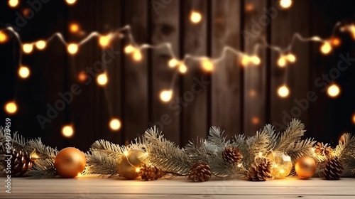 Christmas decoration on wooden background illuminated with lights
