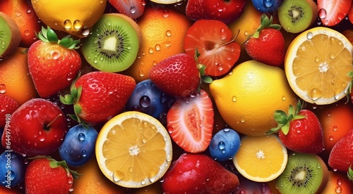 Illustration of freshly picked fruit glistening with water droplets