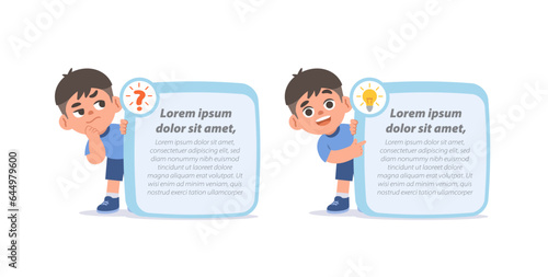 Asian boy character cartoon design with question and idea text box frame for message illustration vector. Education concept.