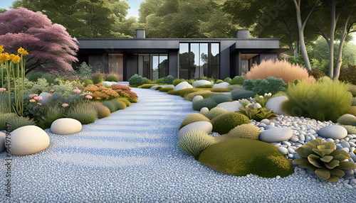 Aménagement d'un jardin minéral devant la maison moderne, avec allée en graviers blanc et galets, design extérieur, aménagement paysager - IA générative