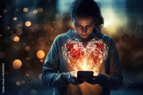 Girl with a smartphone with a symbol of love with a red heart.