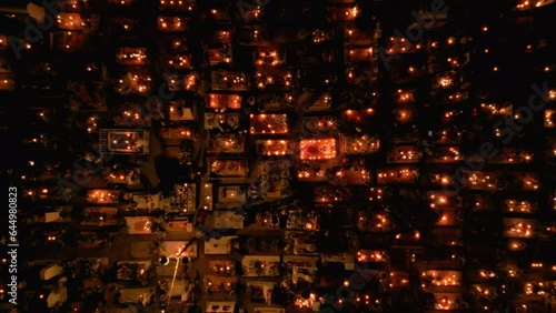 Birds eye view of a well lit cemetery during day of the dead in Mexico