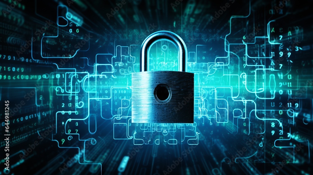Padlock with keyhole on background of neon chain connections, network glowing in the dark. Creative idea for internet security, encryption and personal data protection. Padlock with keyhole on background of neon chain connections, network glowing in the dark. Creative idea for internet security, encryption and personal data protection.