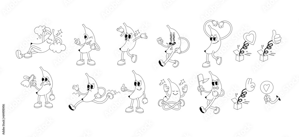 Vector illustration set of banana characters with different emotional and poses. Cartoon character isolated on a white background
