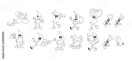 Vector illustration set of banana characters with different emotional and poses. Cartoon character isolated on a white background