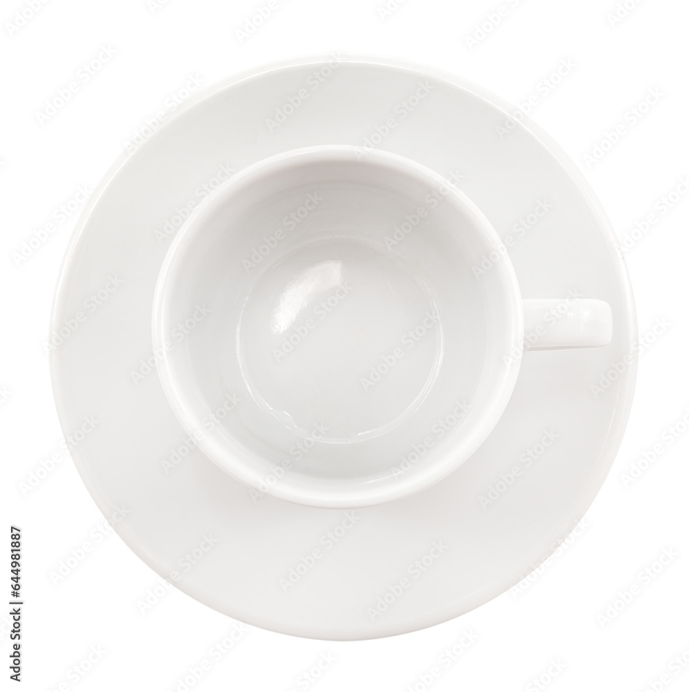 Empty white coffee cup with saucer or plate on white background. View from above Empty white coffee cup with saucer or plate on white background. View from above