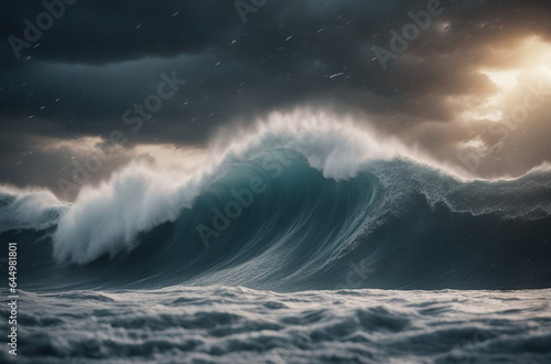 Apocalyptic dramatic background, giant tsunami waves, dark stormy sky, Tornado Huge waves Tsunami