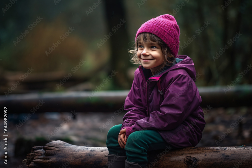 A girl sitting on a log in a forest and smiling