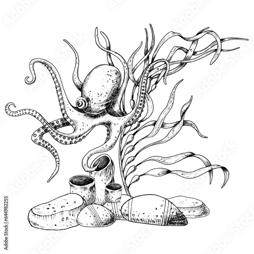 Octopus with Seabed and Seaweed. Hand drawn vector undersea engraved illustration on isolated background. Underwater drawing of ocean floor and sea animal in line art style painted by black inks.