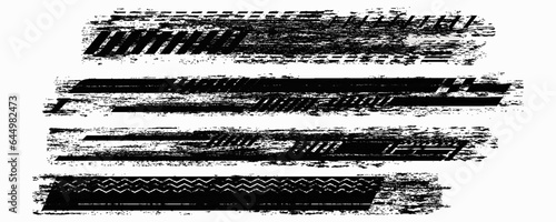 Tire tread marks, wheel textures, tire marks - car racing, motocross, drift, rally, off-road and others. Vector black isolated texture in grunge style with splashes. Black and white monochrome se