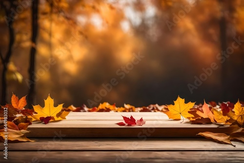 Empty wooden tabletop podium decorated with dry autumn leaves  blurred background of autumn plants 