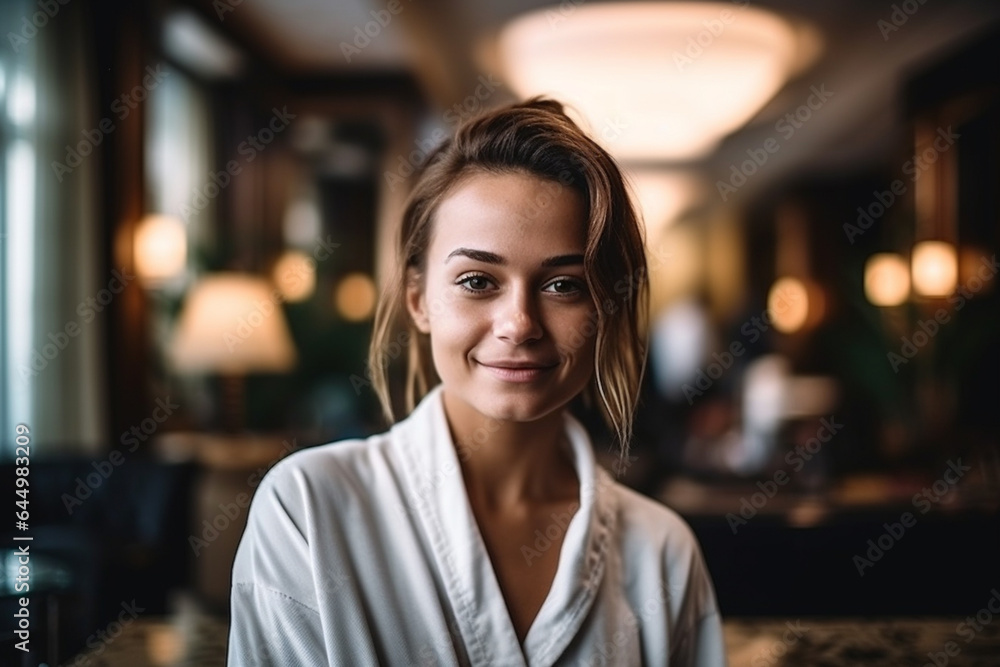 Everyday life in the life of a young adult woman, wearing a bathrobe, relaxed and in a good mood, fictional place Everyday life in the life of a young adult woman, wearing a bathrobe, relaxed and in a good mood, fictional place